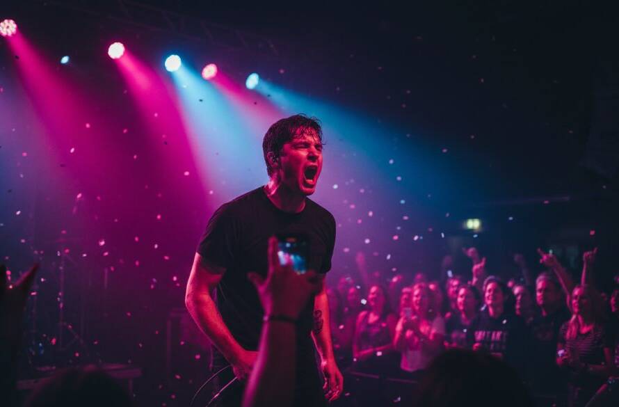 A wide shot capturing the electrifying energy of a Boronia live music photography captivating moments at a local venue, with a lead guitarist mid-solo bathed in dramatic red and blue stage lights, a cheering crowd silhouetted in the foreground, and intricate guitar details in sharp focus.