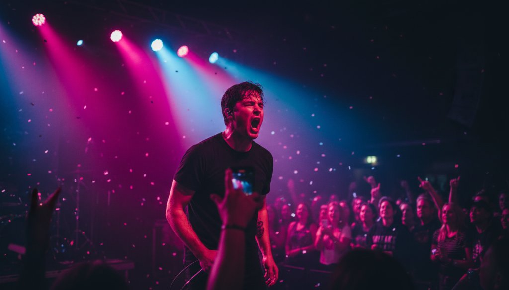A wide shot capturing the electrifying energy of a Boronia live music photography captivating moments at a local venue, with a lead guitarist mid-solo bathed in dramatic red and blue stage lights, a cheering crowd silhouetted in the foreground, and intricate guitar details in sharp focus.