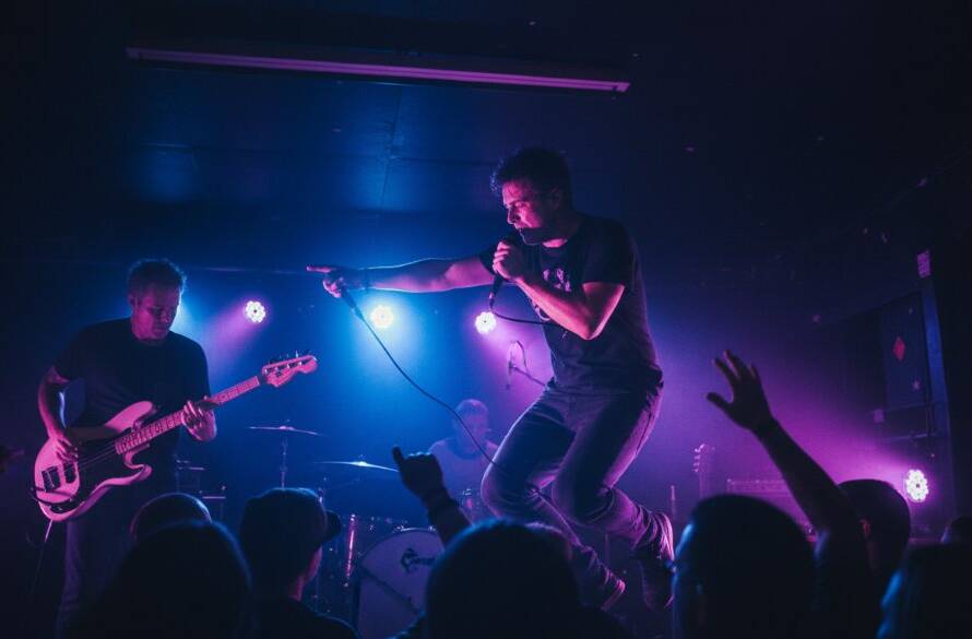 A Boronia live music photography expert captures an epic moment: a lead guitarist in mid-solo, bathed in dramatic stage lighting, with a cheering crowd in silhouette, showcasing the electric energy of a local gig.