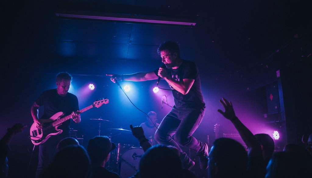 A Boronia live music photography expert captures an epic moment: a lead guitarist in mid-solo, bathed in dramatic stage lighting, with a cheering crowd in silhouette, showcasing the electric energy of a local gig.