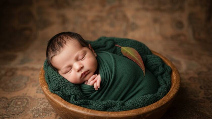 A breathtaking, professional studio photograph of a newborn baby in Boronia, nestled gently in a soft, cream-coloured wrap, with a subtle halo of warm, golden light illuminating their delicate features, embodying the Boronia newborn photography gentle approach, evoking a feeling of peace and new beginnings.