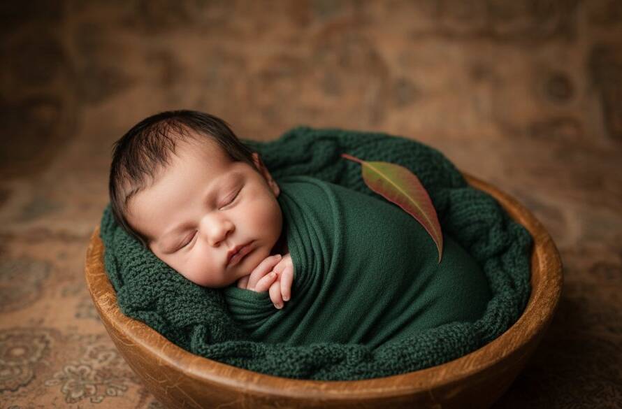 A breathtaking, professional studio photograph of a newborn baby in Boronia, nestled gently in a soft, cream-coloured wrap, with a subtle halo of warm, golden light illuminating their delicate features, embodying the Boronia newborn photography gentle approach, evoking a feeling of peace and new beginnings.