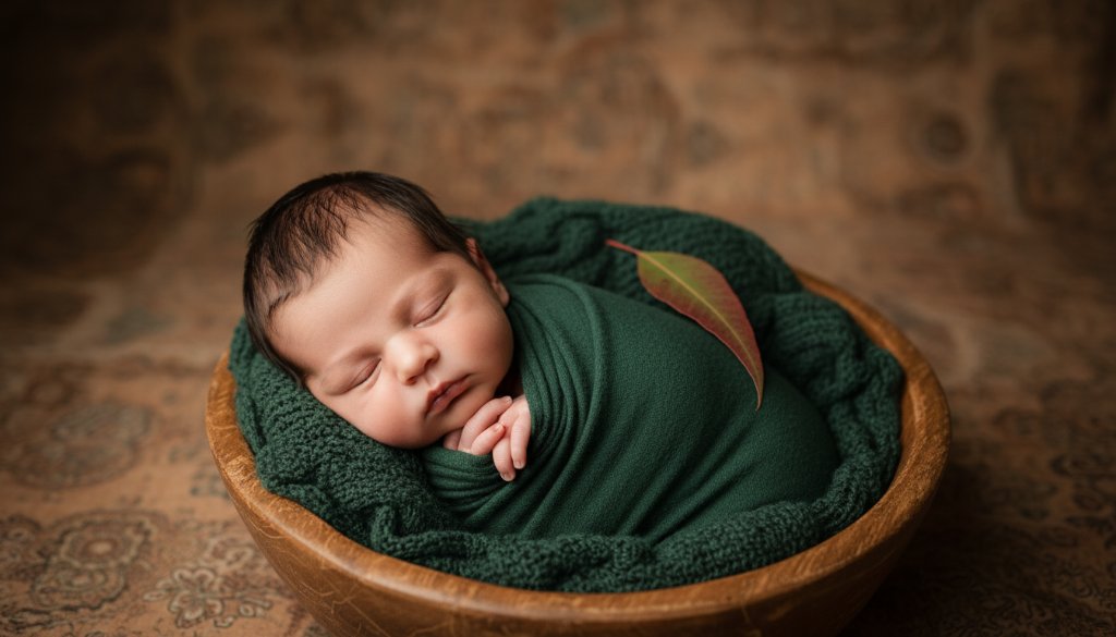 A breathtaking, professional studio photograph of a newborn baby in Boronia, nestled gently in a soft, cream-coloured wrap, with a subtle halo of warm, golden light illuminating their delicate features, embodying the Boronia newborn photography gentle approach, evoking a feeling of peace and new beginnings.