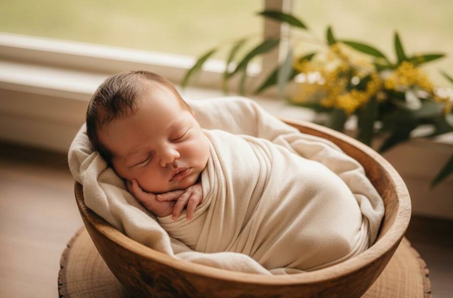A heartwarming, dramatic close-up of a newborn's tiny feet being gently held by a parent's hands, bathed in soft golden light, capturing Boronia newborn photography gentle candid moments in a serene Boronia home, professional color grading.