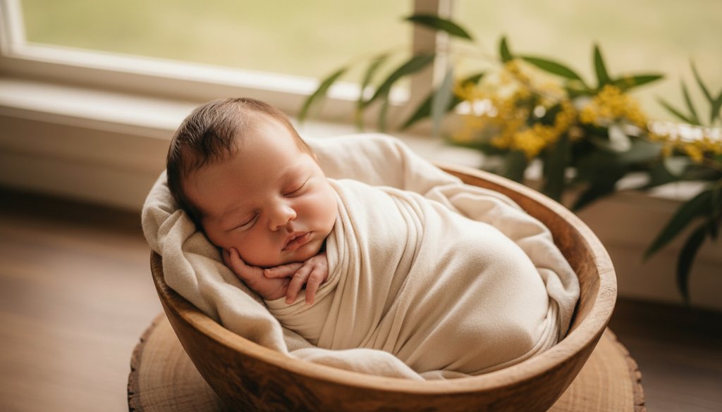 A heartwarming, dramatic close-up of a newborn's tiny feet being gently held by a parent's hands, bathed in soft golden light, capturing Boronia newborn photography gentle candid moments in a serene Boronia home, professional color grading.