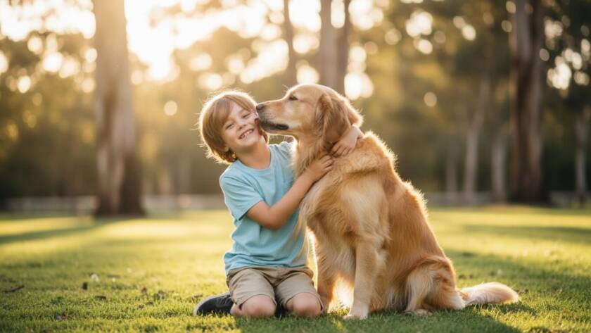 A heartwarming and dramatic close-up of a golden retriever and a child sharing a tender moment in a sun-dappled Boronia park, encapsulating Boronia pet photography cherished family memories with warm, professional lighting.