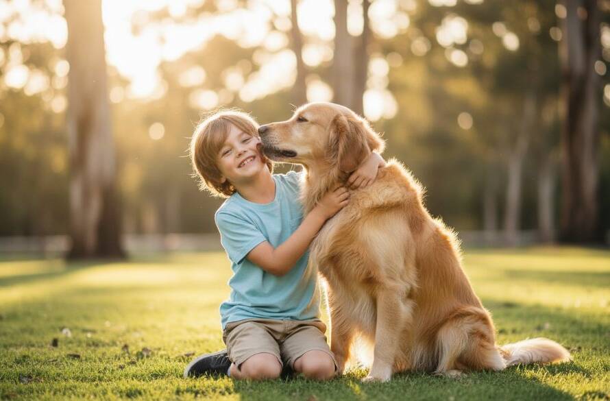 A heartwarming and dramatic close-up of a golden retriever and a child sharing a tender moment in a sun-dappled Boronia park, encapsulating Boronia pet photography cherished family memories with warm, professional lighting.