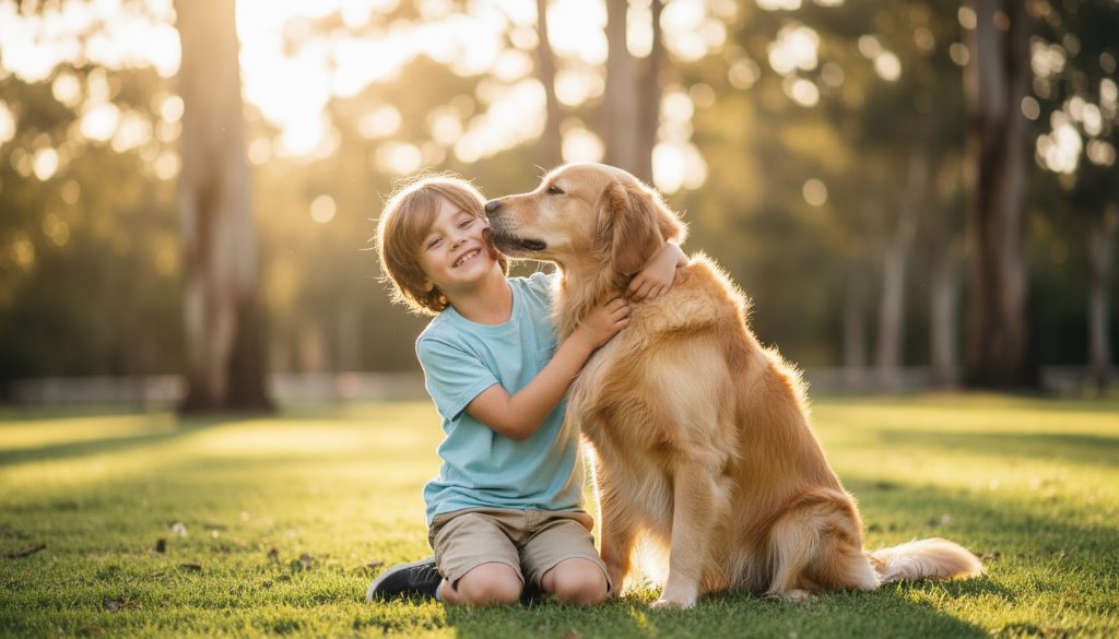 A heartwarming and dramatic close-up of a golden retriever and a child sharing a tender moment in a sun-dappled Boronia park, encapsulating Boronia pet photography cherished family memories with warm, professional lighting.
