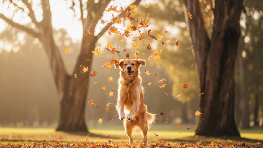 An epic moment of a golden retriever joyfully leaping through an autumn leaf pile in a sun-drenched Boronia park during Boronia pet photography outdoor sessions, expertly captured.