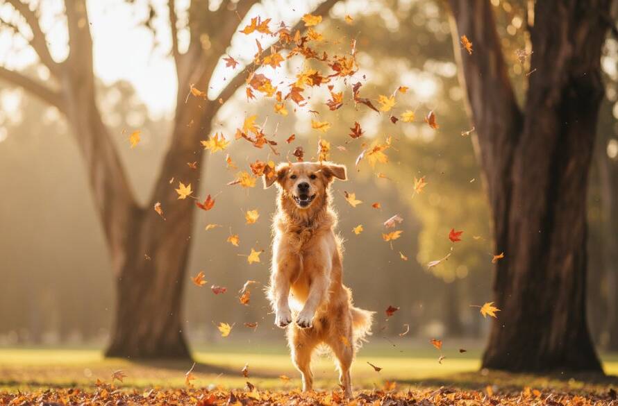 An epic moment of a golden retriever joyfully leaping through an autumn leaf pile in a sun-drenched Boronia park during Boronia pet photography outdoor sessions, expertly captured.
