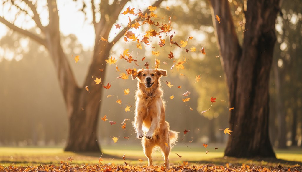 An epic moment of a golden retriever joyfully leaping through an autumn leaf pile in a sun-drenched Boronia park during Boronia pet photography outdoor sessions, expertly captured.