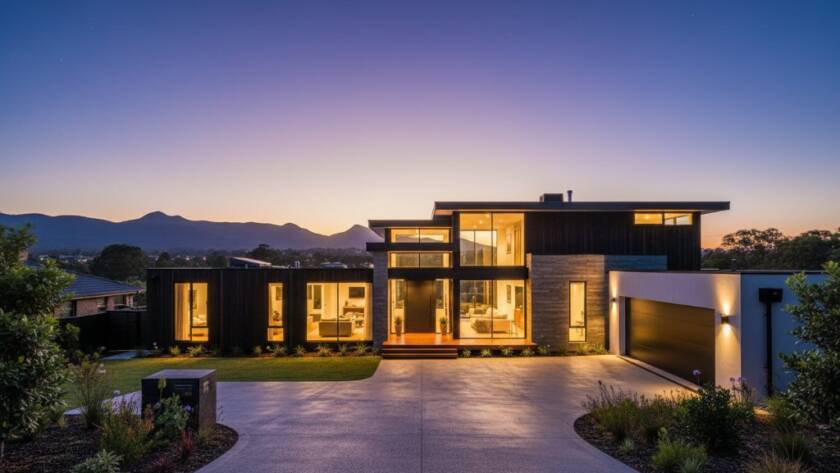 Stunning twilight photo capturing a modern Boronia home with professional Boronia real estate photography, featuring warm interior lights glowing against a dramatic purple and orange sunset sky, showcasing its allure and inviting feel for potential buyers.
