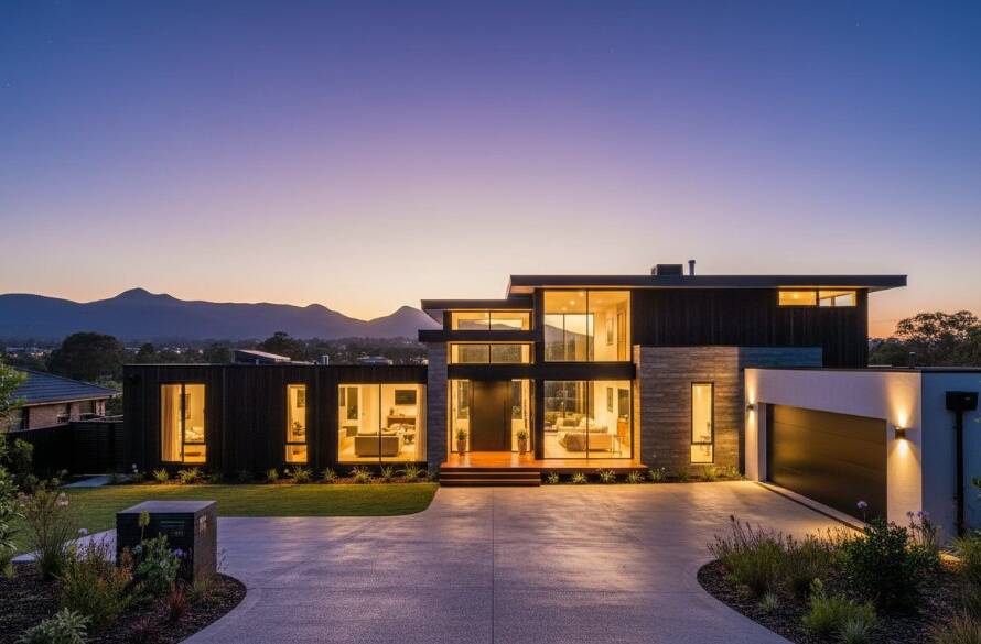 Stunning twilight photo capturing a modern Boronia home with professional Boronia real estate photography, featuring warm interior lights glowing against a dramatic purple and orange sunset sky, showcasing its allure and inviting feel for potential buyers.
