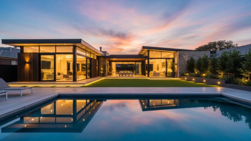 An epic, dramatically lit wide-angle photograph capturing a stunning modern Boronia family home at twilight, showcasing its meticulously landscaped garden, inviting swimming pool, and warm interior lights reflecting the expertise of Boronia real estate photography for faster property sales.
