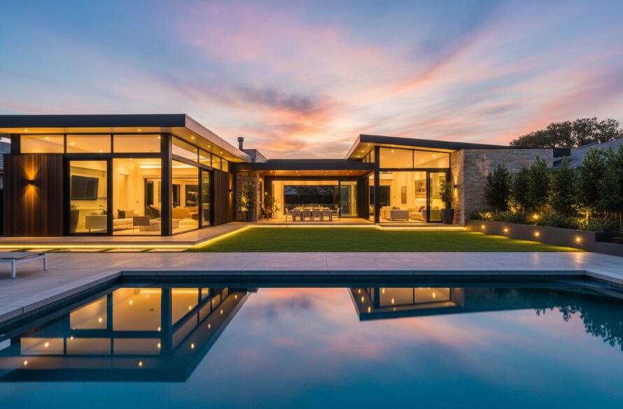 An epic, dramatically lit wide-angle photograph capturing a stunning modern Boronia family home at twilight, showcasing its meticulously landscaped garden, inviting swimming pool, and warm interior lights reflecting the expertise of Boronia real estate photography for faster property sales.