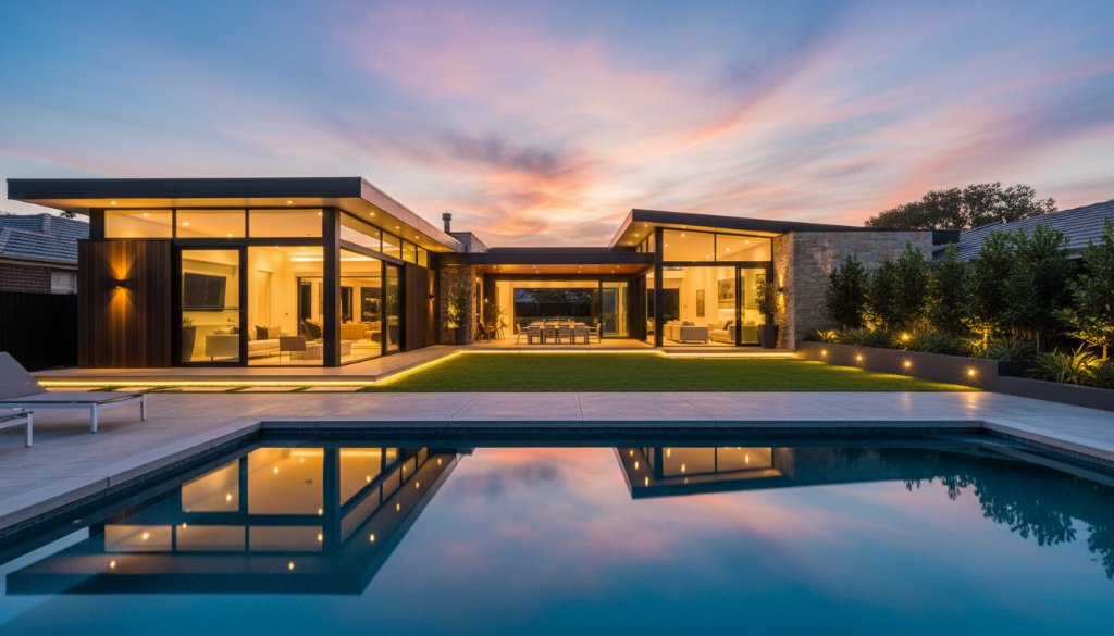 An epic, dramatically lit wide-angle photograph capturing a stunning modern Boronia family home at twilight, showcasing its meticulously landscaped garden, inviting swimming pool, and warm interior lights reflecting the expertise of Boronia real estate photography for faster property sales.