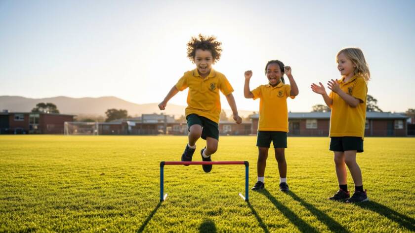 A wide-angle, cinematic photograph showing Boronia school photography capturing genuine student joy. Several primary school children, diverse in background, are laughing and interacting warmly on a sunny Boronia school oval during an 'epic moment', with dramatic lens flare and warm, professional colour grading. The background subtly features the Boronia RSL or distant Dandenong Ranges, hinting at the local environment.