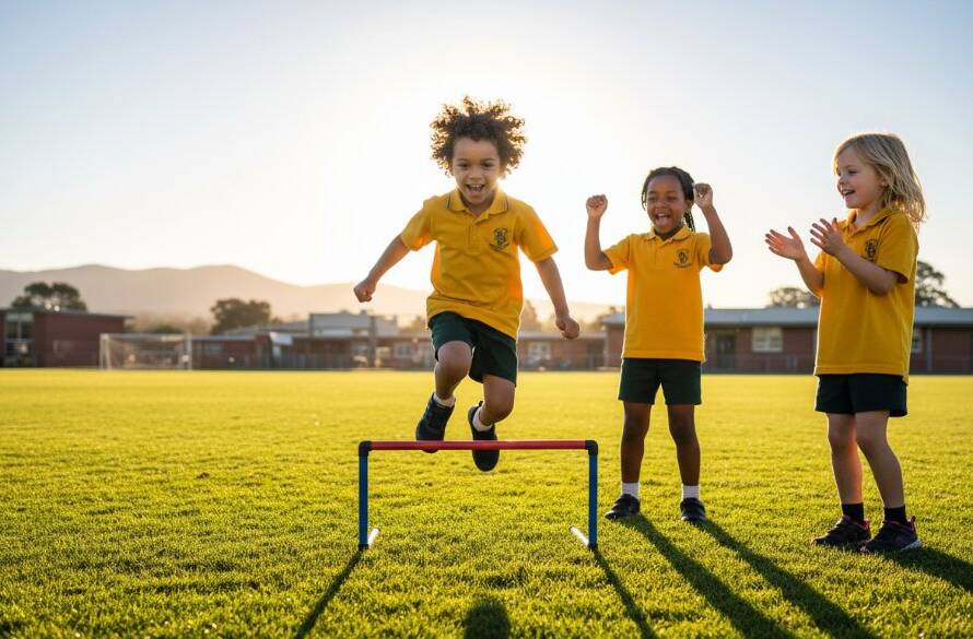 A wide-angle, cinematic photograph showing Boronia school photography capturing genuine student joy. Several primary school children, diverse in background, are laughing and interacting warmly on a sunny Boronia school oval during an 'epic moment', with dramatic lens flare and warm, professional colour grading. The background subtly features the Boronia RSL or distant Dandenong Ranges, hinting at the local environment.