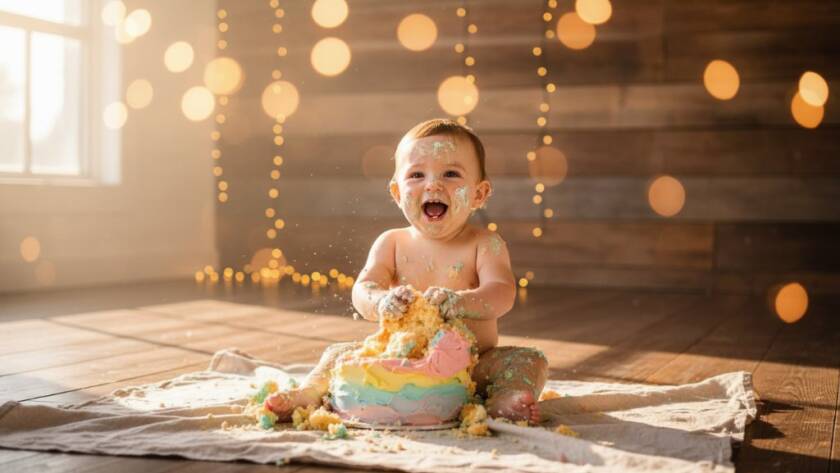An emotionally vibrant, close-up, wide-angle shot of a delighted baby, covered in pink and blue cake icing, joyfully smashing a custom first birthday cake during a Boronia Victoria cake smash photography for memorable first birthdays session. The background features soft, dreamy bokeh lights in a sun-drenched, rustic Boronia-inspired setting, professionally colour-graded with a warm, inviting tone.