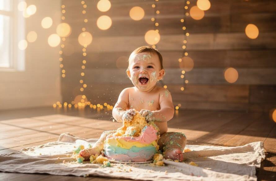 An emotionally vibrant, close-up, wide-angle shot of a delighted baby, covered in pink and blue cake icing, joyfully smashing a custom first birthday cake during a Boronia Victoria cake smash photography for memorable first birthdays session. The background features soft, dreamy bokeh lights in a sun-drenched, rustic Boronia-inspired setting, professionally colour-graded with a warm, inviting tone.