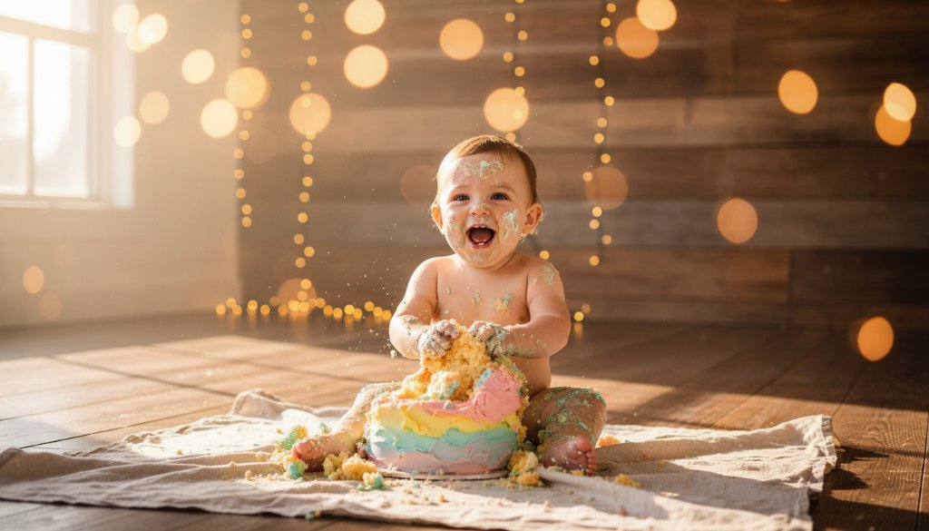 An emotionally vibrant, close-up, wide-angle shot of a delighted baby, covered in pink and blue cake icing, joyfully smashing a custom first birthday cake during a Boronia Victoria cake smash photography for memorable first birthdays session. The background features soft, dreamy bokeh lights in a sun-drenched, rustic Boronia-inspired setting, professionally colour-graded with a warm, inviting tone.