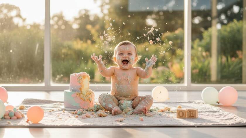 A wide-angle, cinematic shot capturing pure Boronia Victoria cake smash photoshoot joy, with a baby covered in cake, laughing exuberantly, surrounded by soft pastel decor, bathed in golden hour light streaming through a window.