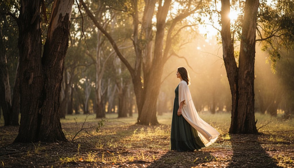An epic, dramatically lit fine art photograph capturing a profound personal narrative in Boronia, Victoria, featuring a contemplative subject amidst a serene, artistic setting, illustrating Boronia Victoria fine art photography creating evocative personal narratives.