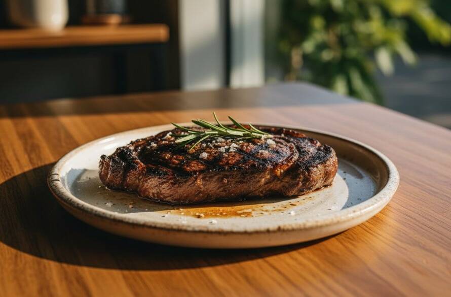 Dramatic close-up of a beautifully plated gourmet dish, possibly a vibrant salad or a perfectly seared steak, bathed in warm, inviting light on a rustic wooden table inside a charming Boronia cafe, expertly captured by Boronia Victoria Restaurant Food Photography Experts, showcasing its fresh, exquisite details for a professional menu.