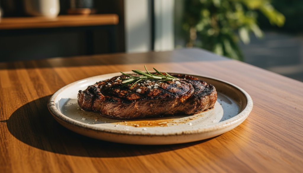 Dramatic close-up of a beautifully plated gourmet dish, possibly a vibrant salad or a perfectly seared steak, bathed in warm, inviting light on a rustic wooden table inside a charming Boronia cafe, expertly captured by Boronia Victoria Restaurant Food Photography Experts, showcasing its fresh, exquisite details for a professional menu.