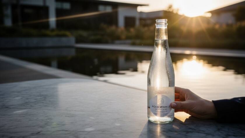 Dynamic Botanic Ridge advertising photography for local businesses, showcasing a high-end product in a beautifully lit, modern outdoor setting, with a dramatic Australian sunset background. The scene exudes sophistication and professional quality.