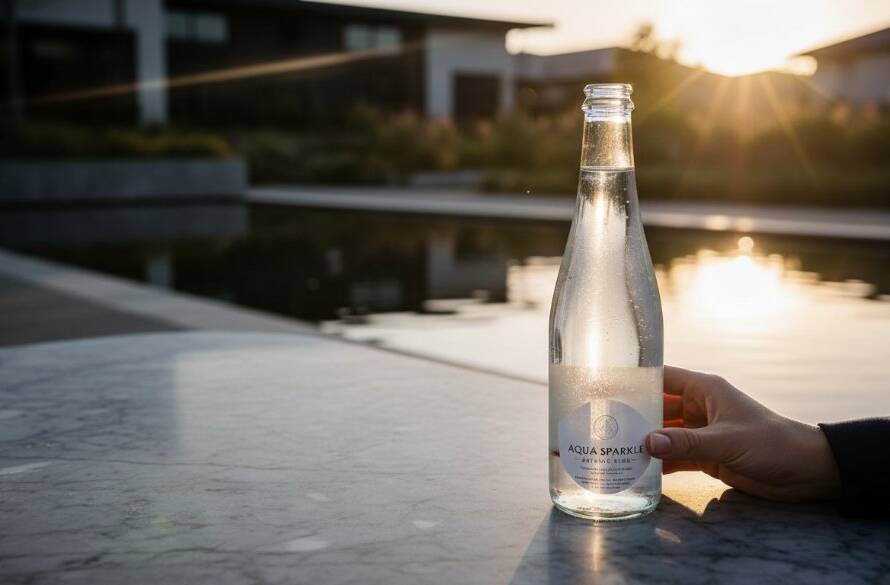 Dynamic Botanic Ridge advertising photography for local businesses, showcasing a high-end product in a beautifully lit, modern outdoor setting, with a dramatic Australian sunset background. The scene exudes sophistication and professional quality.