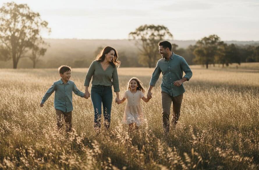 A heartwarming, sun-drenched photograph capturing a Botanic Ridge Candid Photography genuine moment: a family laughing joyously amidst the lush greenery of Botanic Ridge, Victoria, with golden hour light silhouetting their happy faces.