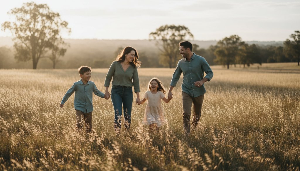 A heartwarming, sun-drenched photograph capturing a Botanic Ridge Candid Photography genuine moment: a family laughing joyously amidst the lush greenery of Botanic Ridge, Victoria, with golden hour light silhouetting their happy faces.