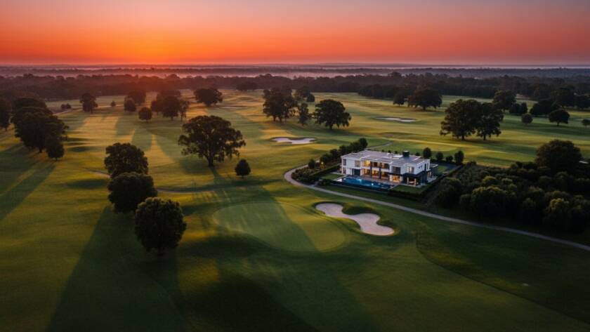 An epic, sweeping Botanic Ridge drone photography aerial view showcasing the lush green golf course at sunset, with dramatic golden light illuminating a distant modern home and silhouetted trees, perfectly capturing the area's serene beauty.