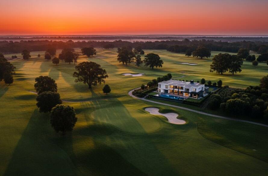 An epic, sweeping Botanic Ridge drone photography aerial view showcasing the lush green golf course at sunset, with dramatic golden light illuminating a distant modern home and silhouetted trees, perfectly capturing the area's serene beauty.