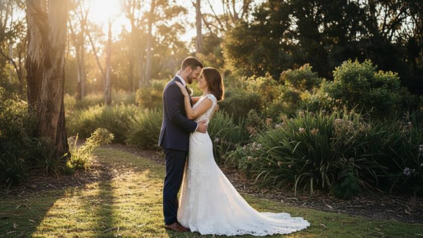 Botanic Ridge elegant wedding photography capturing genuine joy: A newlywed couple shares an intimate kiss at sunset, dramatic light filtering through eucalyptus trees, embodying genuine joy and timeless love.