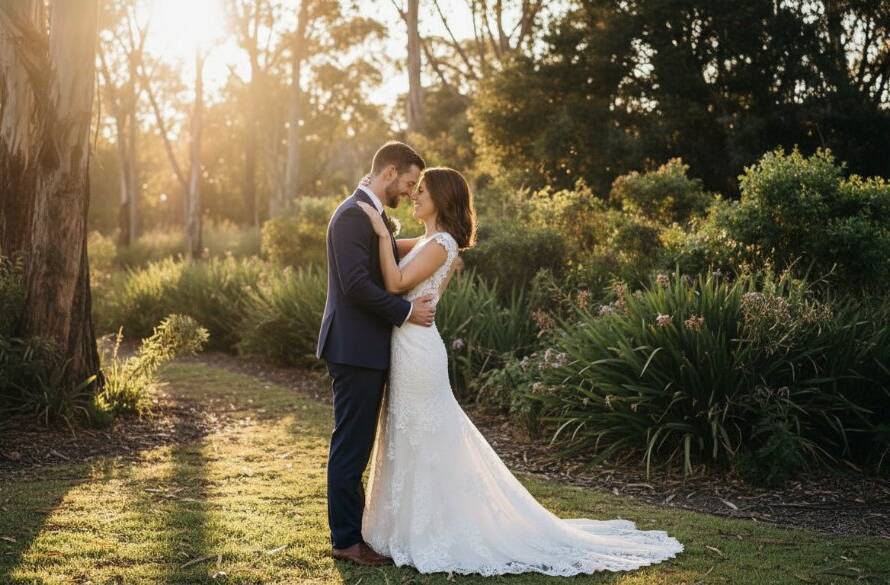 Botanic Ridge elegant wedding photography capturing genuine joy: A newlywed couple shares an intimate kiss at sunset, dramatic light filtering through eucalyptus trees, embodying genuine joy and timeless love.