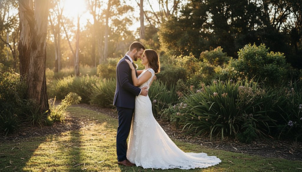 Botanic Ridge elegant wedding photography capturing genuine joy: A newlywed couple shares an intimate kiss at sunset, dramatic light filtering through eucalyptus trees, embodying genuine joy and timeless love.