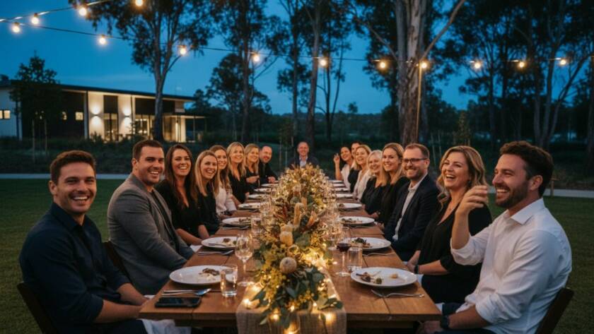 An epic moment captured in Botanic Ridge event photography, featuring guests laughing joyfully under string lights at a garden party, with the serene landscape of Botanic Ridge in the soft background, professionally lit and color-graded.