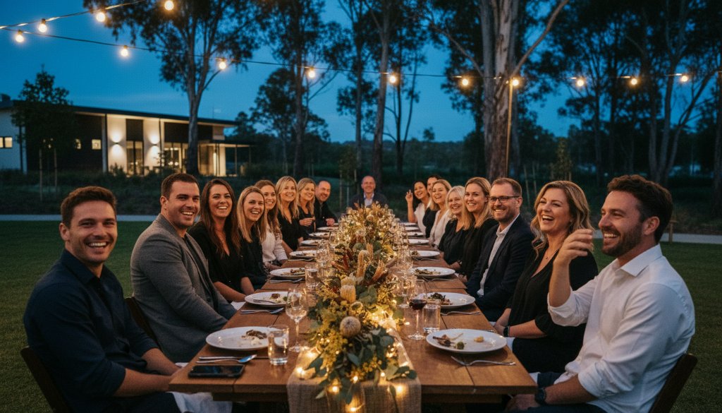 An epic moment captured in Botanic Ridge event photography, featuring guests laughing joyfully under string lights at a garden party, with the serene landscape of Botanic Ridge in the soft background, professionally lit and color-graded.