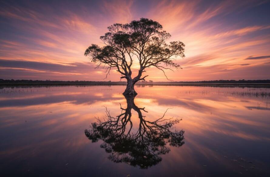 An epic moment photograph showcasing a dramatic sunset over the serene wetlands of Botanic Ridge, Victoria, with a lone majestic gum tree silhouetted against a sky ablaze with fiery orange and purple hues. This Botanic Ridge fine art landscape photography print captures the breathtaking beauty of the Australian evening.