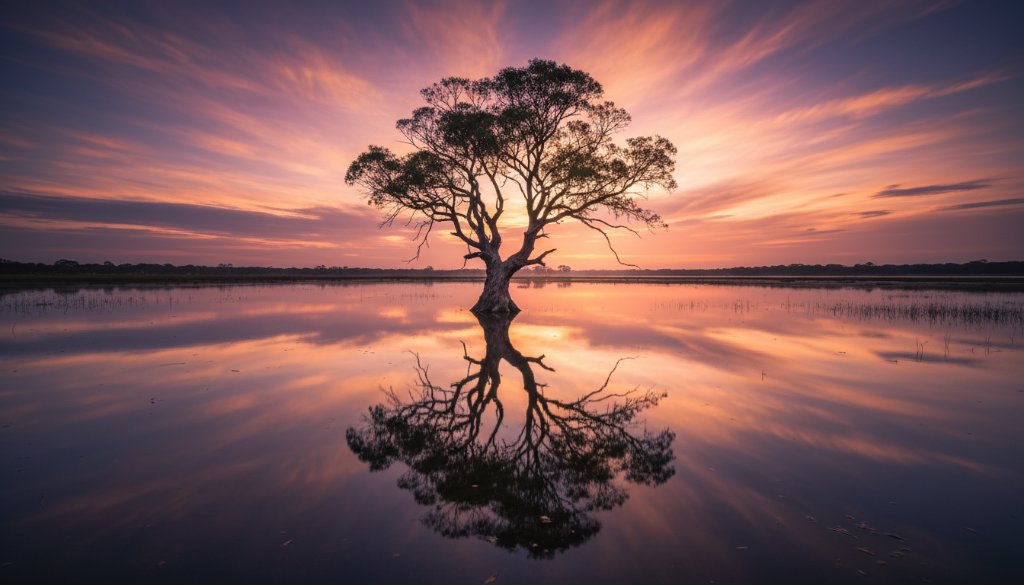 An epic moment photograph showcasing a dramatic sunset over the serene wetlands of Botanic Ridge, Victoria, with a lone majestic gum tree silhouetted against a sky ablaze with fiery orange and purple hues. This Botanic Ridge fine art landscape photography print captures the breathtaking beauty of the Australian evening.