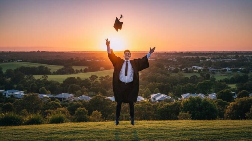 An epic moment captured: a jubilant graduate in Botanic Ridge, Victoria, tossing their cap against a vibrant sunset sky, surrounded by cheering family members, embodying the joy of their graduation photography celebration with dramatic backlighting.