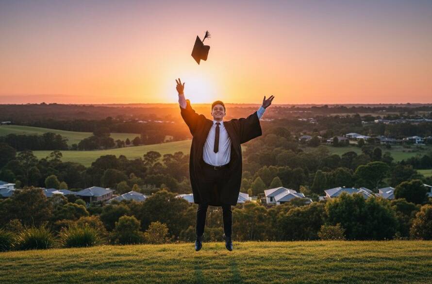 An epic moment captured: a jubilant graduate in Botanic Ridge, Victoria, tossing their cap against a vibrant sunset sky, surrounded by cheering family members, embodying the joy of their graduation photography celebration with dramatic backlighting.