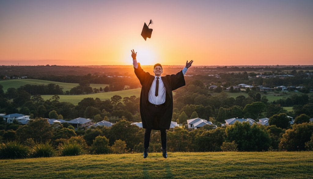 An epic moment captured: a jubilant graduate in Botanic Ridge, Victoria, tossing their cap against a vibrant sunset sky, surrounded by cheering family members, embodying the joy of their graduation photography celebration with dramatic backlighting.