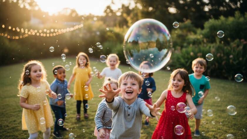 An epic moment of a child laughing joyfully mid-air during a fun bounce house jump at a Botanic Ridge Kids Party Photography Capturing Joy event, with vibrant balloons and parents cheering in the background, captured with dramatic lighting and professional colour grading.