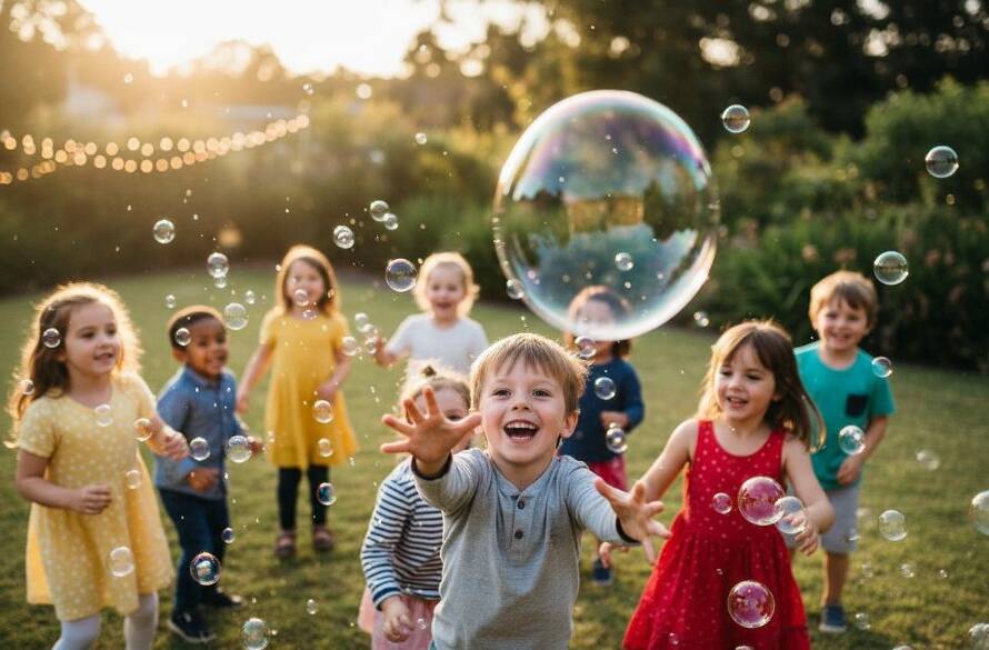 An epic moment of a child laughing joyfully mid-air during a fun bounce house jump at a Botanic Ridge Kids Party Photography Capturing Joy event, with vibrant balloons and parents cheering in the background, captured with dramatic lighting and professional colour grading.