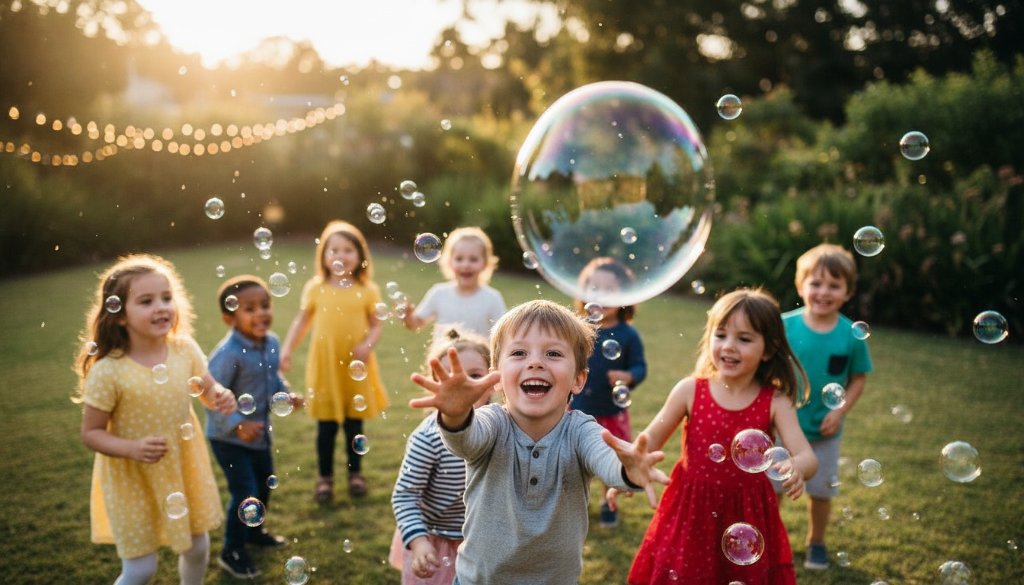 An epic moment of a child laughing joyfully mid-air during a fun bounce house jump at a Botanic Ridge Kids Party Photography Capturing Joy event, with vibrant balloons and parents cheering in the background, captured with dramatic lighting and professional colour grading.