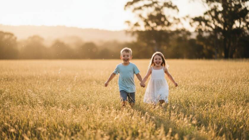 A stunning professional photograph capturing an epic moment of two young siblings laughing joyfully while running through a sun-dappled field in Botanic Ridge, showcasing beautiful natural light and a heartfelt connection, epitomising Botanic Ridge kids photography candid moments.