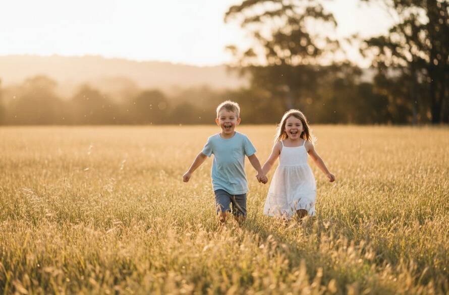A stunning professional photograph capturing an epic moment of two young siblings laughing joyfully while running through a sun-dappled field in Botanic Ridge, showcasing beautiful natural light and a heartfelt connection, epitomising Botanic Ridge kids photography candid moments.